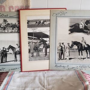 Vintage Historical Horse Racing Photo Set with Red and Gray Accents